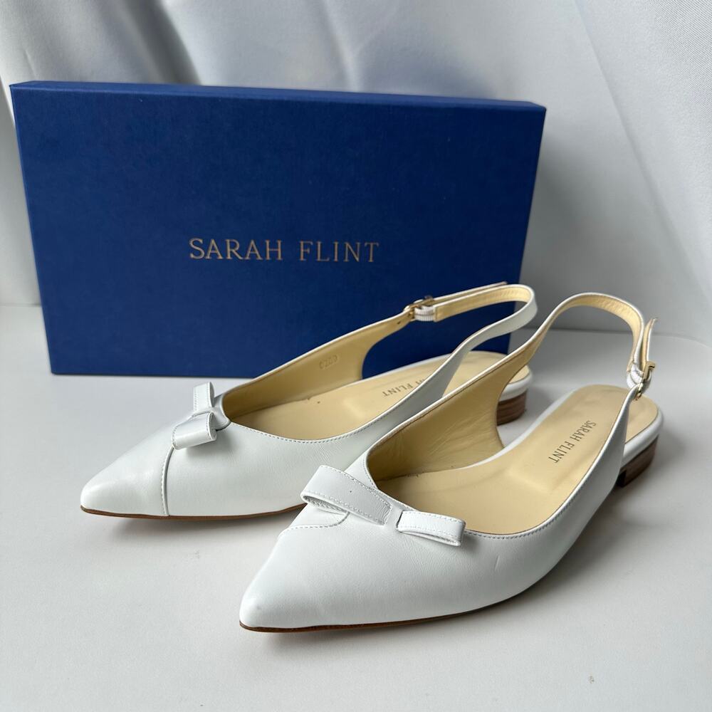Sarah Flint (IT 40/ 9-9.5 US) White Leather Natalie Slingback Flats with Bow
